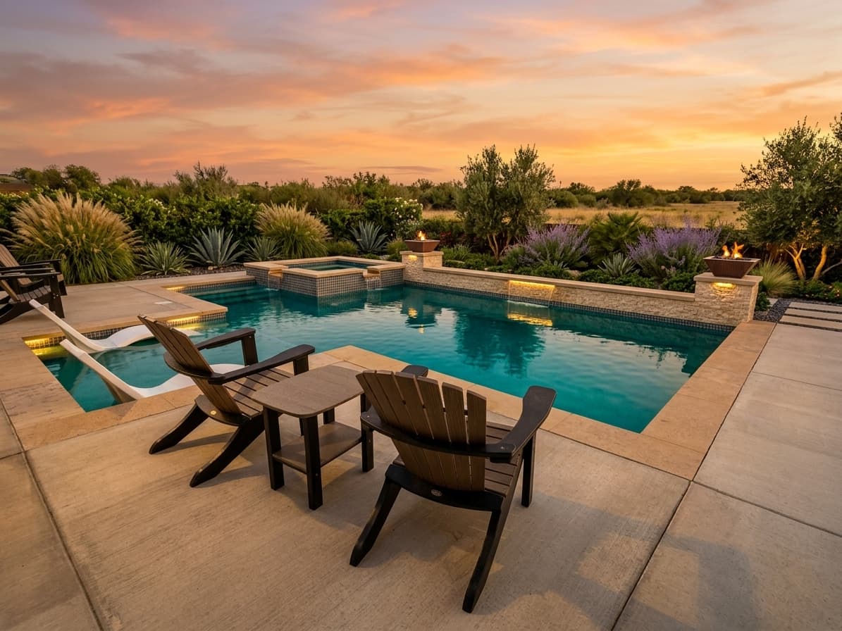 The Carter Residence — Pool, raised spa, and water feature wall with Baja shelf and in-pool loungers.