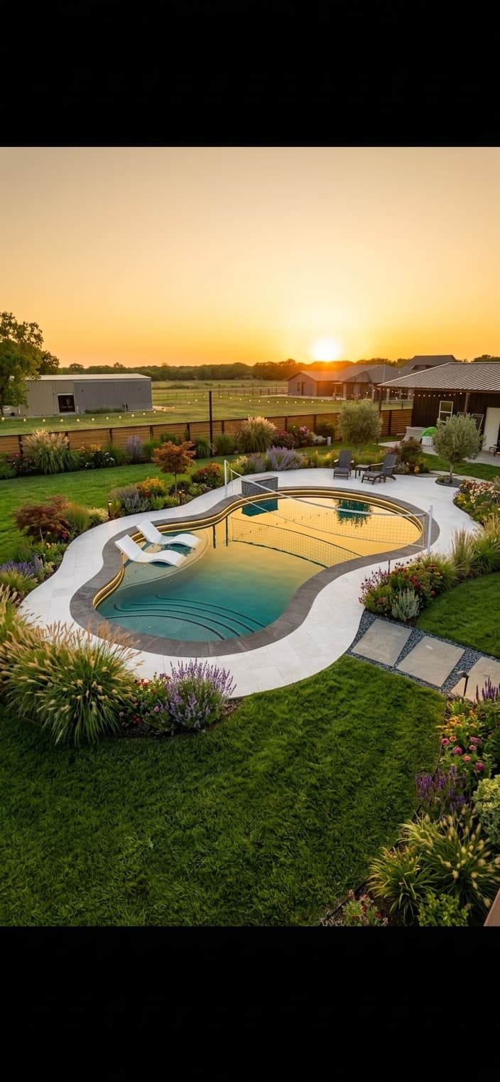 Freeform Build — Organic curves, stepping stone entry, and natural stone coping for a softer feel.