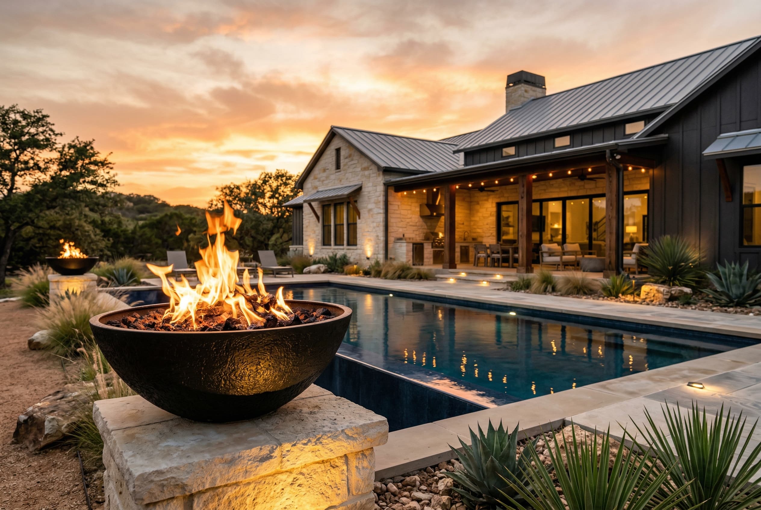 The Johnson Residence — Geometric pool with fire bowls on limestone pedestals, built on open Hill Country terrain.